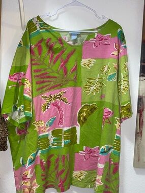 Liz & Me Green and Pink Tropical Print Womens Top